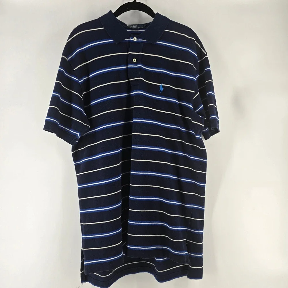 Polo Ralph Lauren Polo Shirt Mens L Navy Blue Striped Short Sleeve Cotton Pique